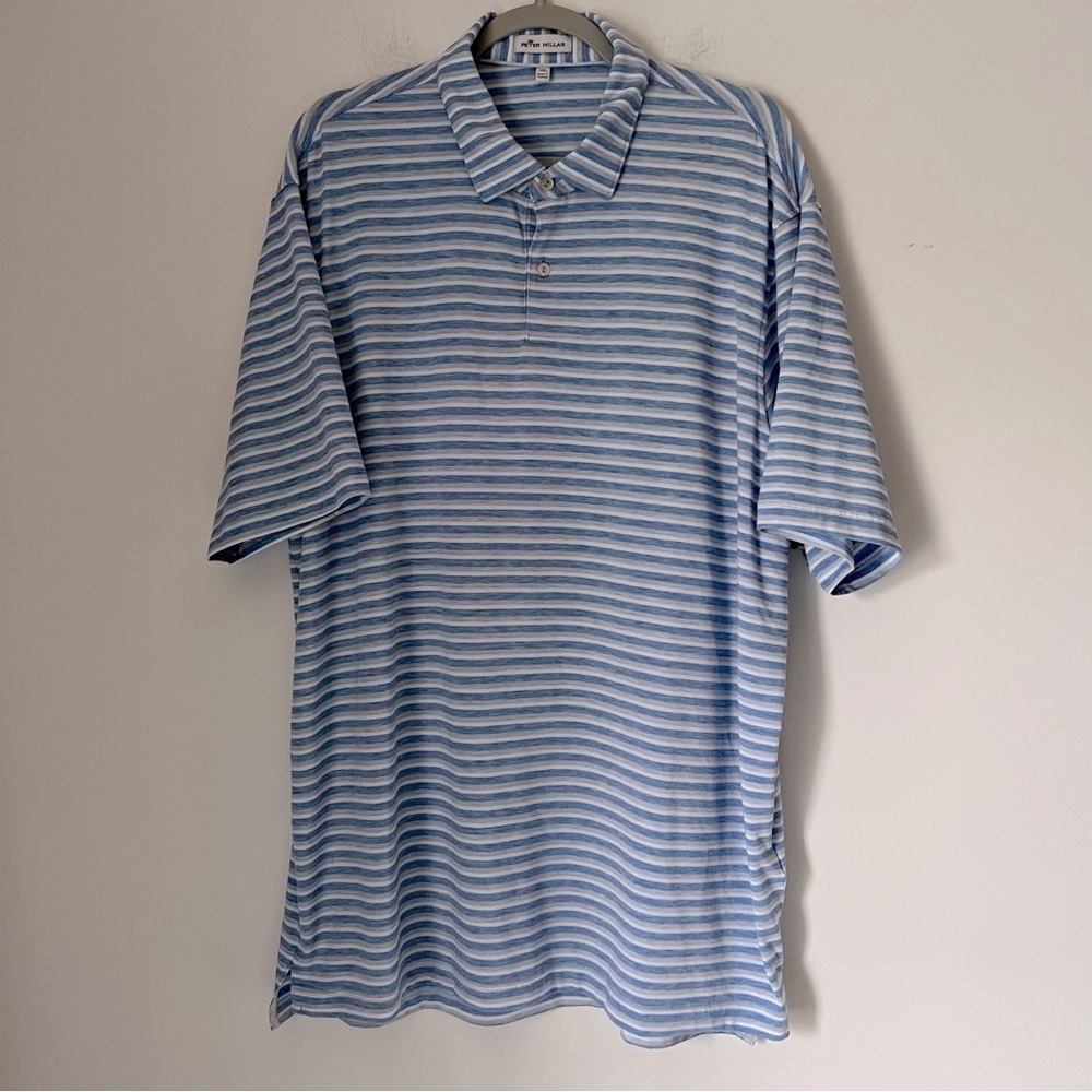 Peter Millar Golf Polo Shirt Striped Blue Gray White Coastal Soft Athleisure